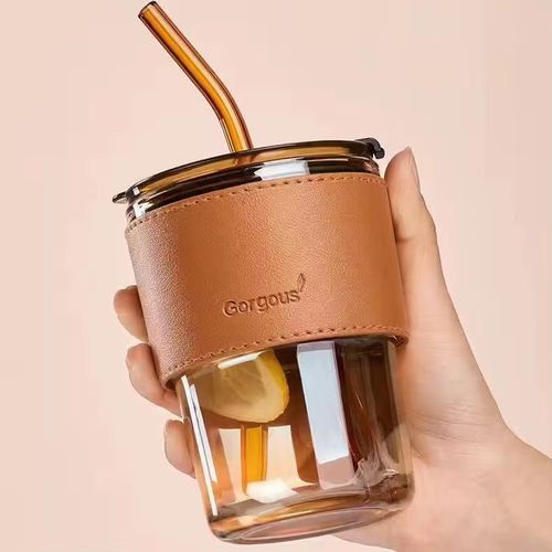 Glass cup with lid + leather handle + straw