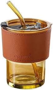 Glass cup with lid + leather handle + straw